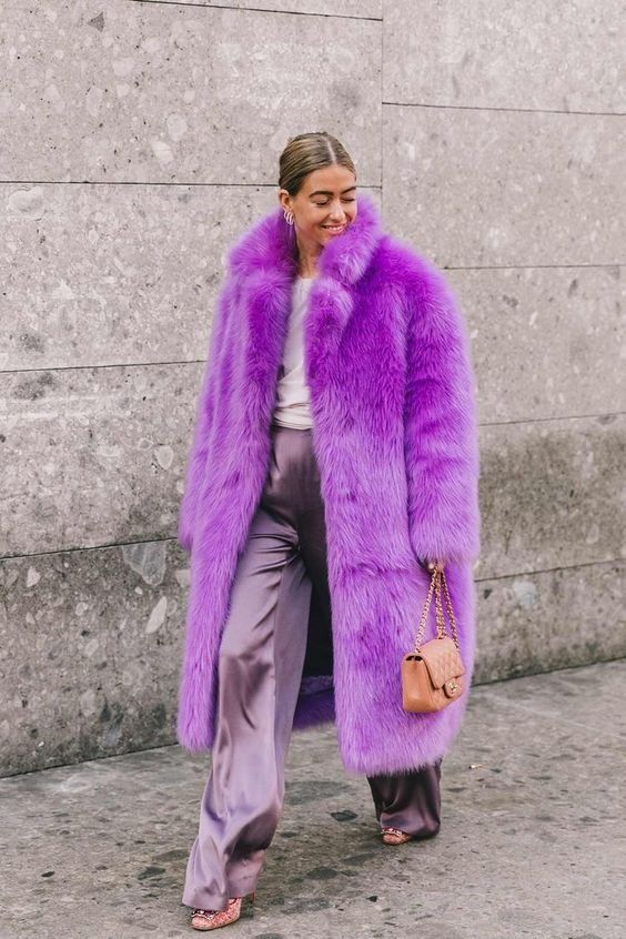 Winter outfit | Purple | Color | Street style | Faux fur coat .