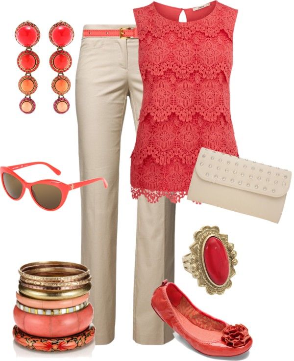 Coral & Cream" by maggiesuedesigns on Polyvore | Fashion, Cool .