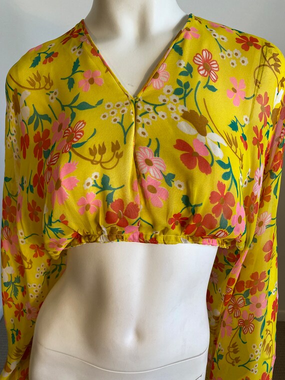 70s Yellow Chiffon Floral Crop Top Blouse Billowing Batwing - Etsy .