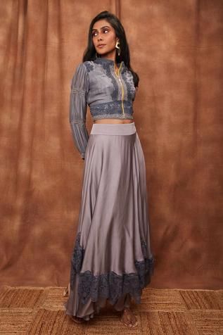 Jajobaa Embroidered Crop Top And Lace Work Skirt Set | Grey, Lace .