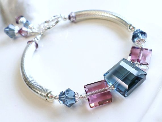 Swarovski Crystal Sterling Silver Bangle Tube Bracelet Denim .