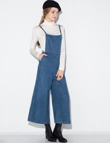 Denim Wide Leg Overalls - Denim Culotte Jumpsuit - | Jumpsuit .