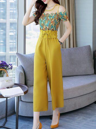 Short Sleeve Crew Neck Floral Paneled Pockets Jumpsuit | Fashion .