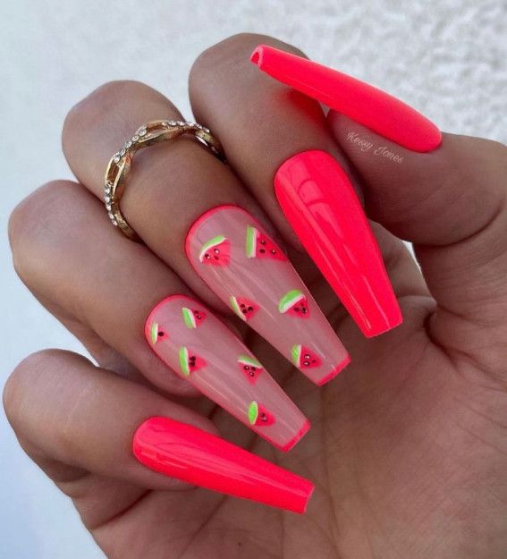 32 Cute Watermelon Nail Design Ideas : Watermelon Coral Acrylic .