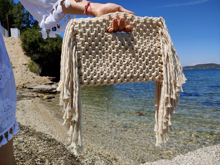 Ivory macrame tassel hand bag, Macrame purse, Fringe bag, Mustard .