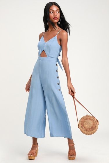 Imagine That Light Blue Tie-Back Cutout Culotte Jumpsuit | Light .