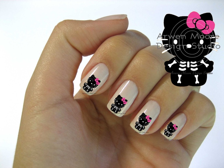 Very Cute Black Halloween Skeleton Hello Kitty Nail Art Waterslide .