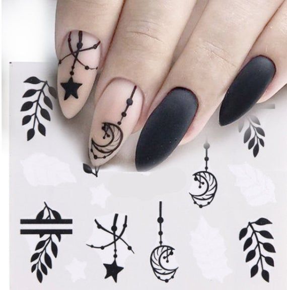 Black White Moon Star Leaves Nail Water Decals - Etsy | Moon nails .