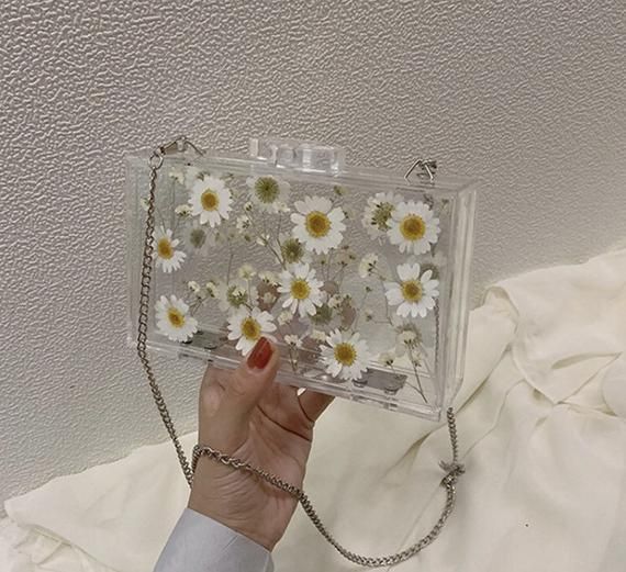 Dried Flower Imprinted Lucite Transparent Clutch Transparent .