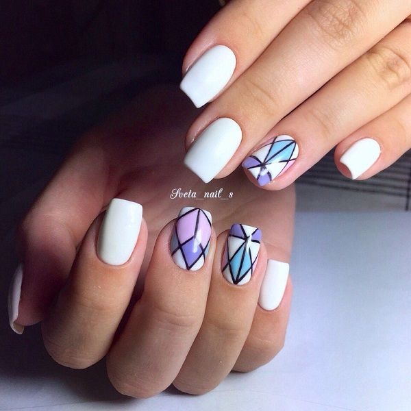 White, Purple, Pink and Blue Geometric Nail Art Design. Another .