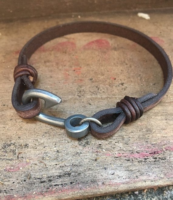 Men's Leather Fish Hook Bracelet/fathers Day Gift/fisher - Etsy .
