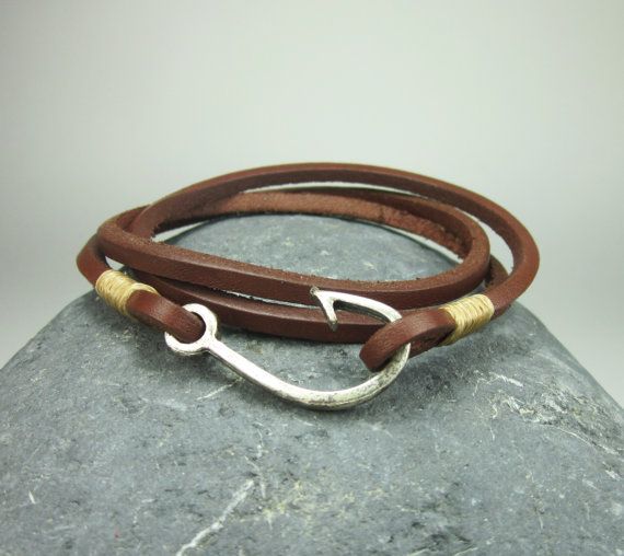 Fish Hook Bracelet in Brown Leather Beige Rope by ZEcollection .