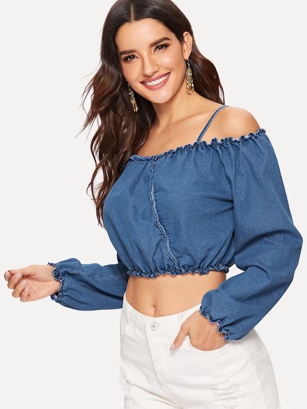 SHEIN Lettuce Trim Cold Shoulder Crop Denim Top | Denim top, Denim .