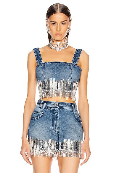 Balmain Cropped Fringed Sequined Denim Top In Blue | ModeSens in .