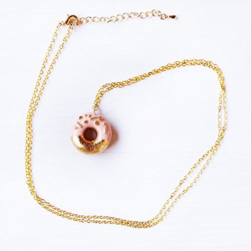 Elfi Handmade Gold and Pink Sprinkle Doughnut Necklace, Donut .