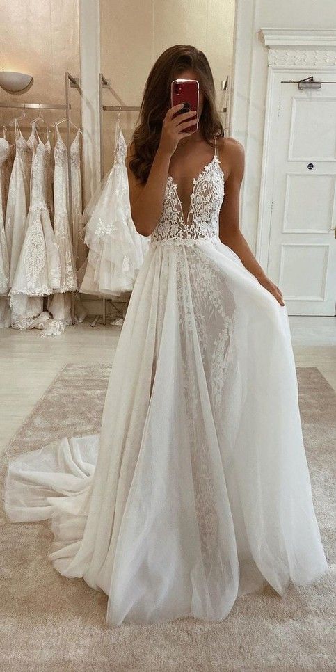 Spaghetti Straps Boho Lace Wedding Dress | Bohemian wedding dress .