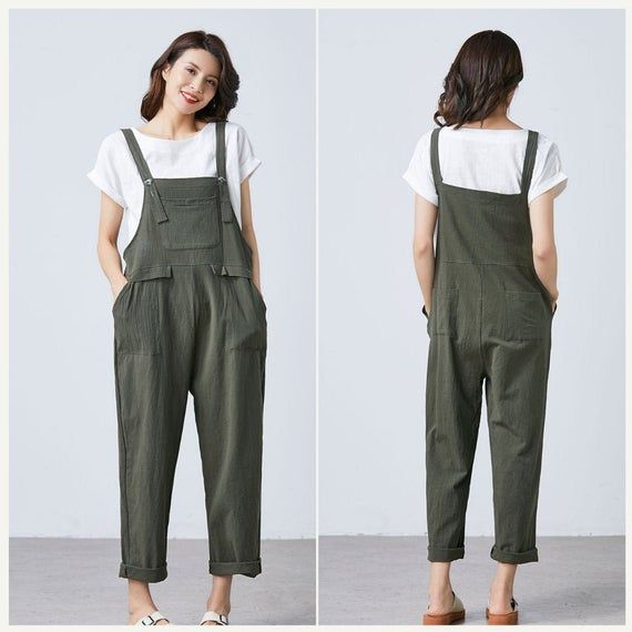 Summer Green Linen Jumpsuit Women Casual Linen Dungarees - Etsy .