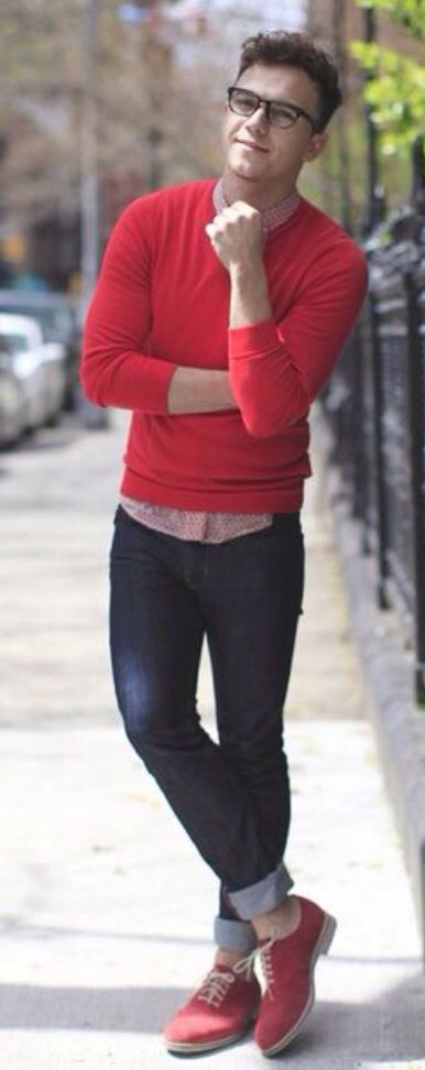 Red Sweater and Red Suede Oxfords. Men's Early Fall Winter Fashion .