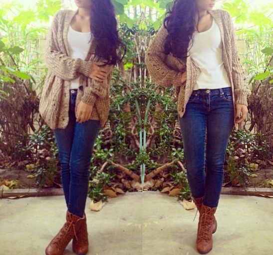 early fall, dark jeans, combat boots, white shirt, brown or taupe .