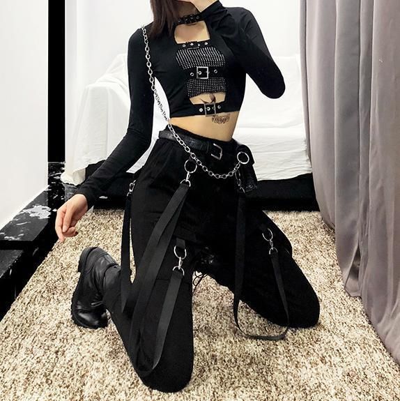 Gothic Buckle Hollow Out Front Long Sleeve Crop Top | Стильные .