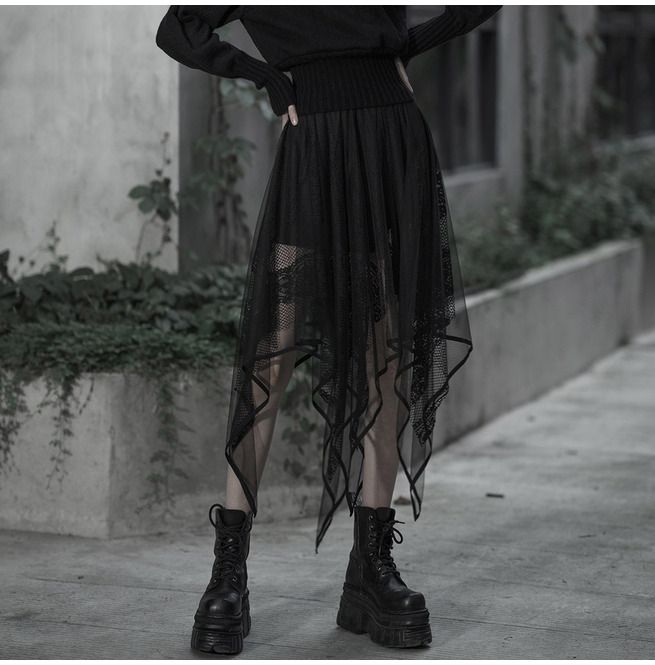 Gothic Women's Elastic High Waist Lace Mesh Asymmetric Hem Skirt .