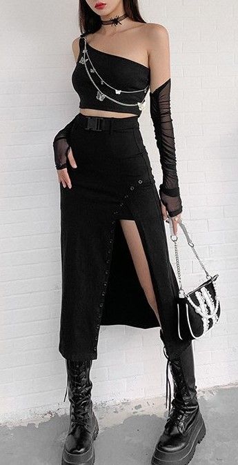 High Waist Side Split Midi Skirt with Buckle Belt | Edgy outfits .