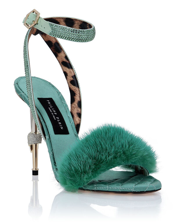 Skull Heel Crystal Embellished Fur Sandals | Philipp Ple