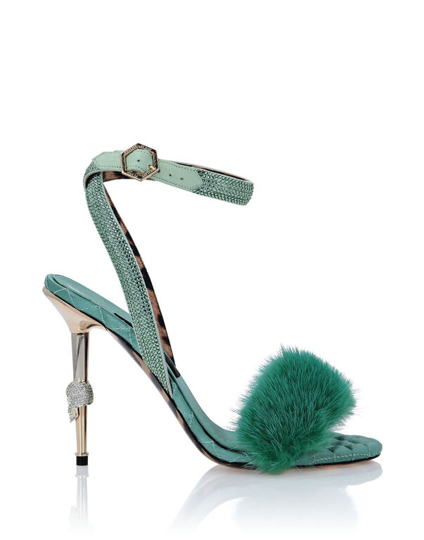 Skull Heel Crystal Embellished Fur Sandals | Philipp Ple