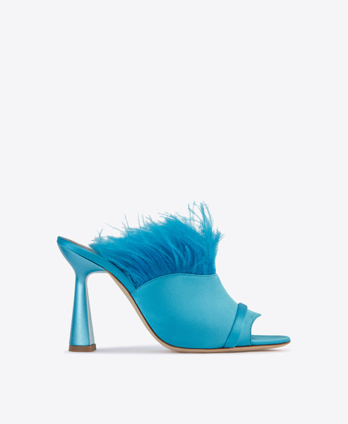 Rima 95mm Blue Satin Feather Heeled Mule | Malone Soulie
