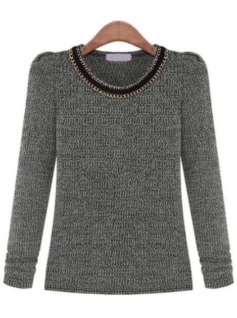 Grey Long Sleeve Chain Embellished Blouse | Embellished blouse .