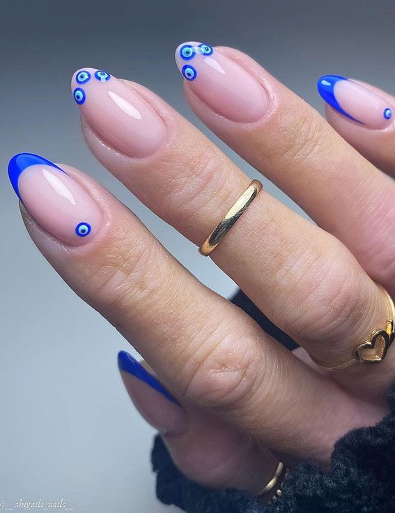 40 Modern French Style Nails To be Wearing in 2022 : Blue Evil Eye .