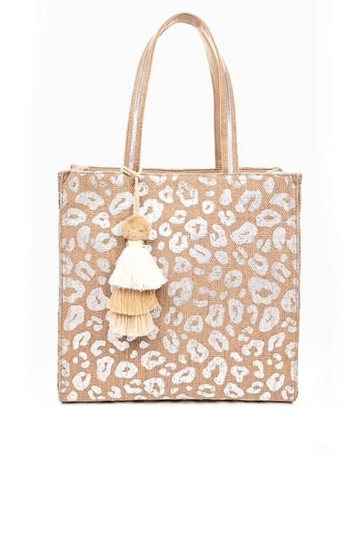 Leopard Silver Handwoven Jute Brown Tote With Tassel - America .