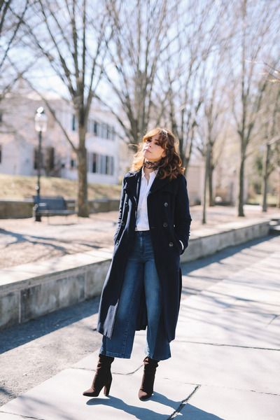 Long manteau - pantalon mi cheville - bottes | Denim culottes .