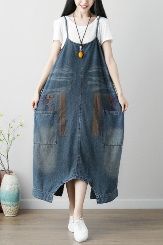Special Design Denim Culottes Plus Size Denim Jumper Dress in .