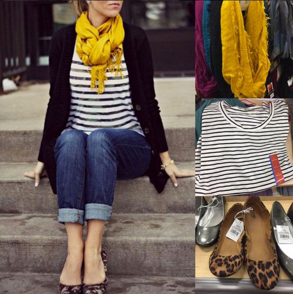 Fall Outfit Pinspiration: Mustard Scarf, Stripes and Print Flats + .