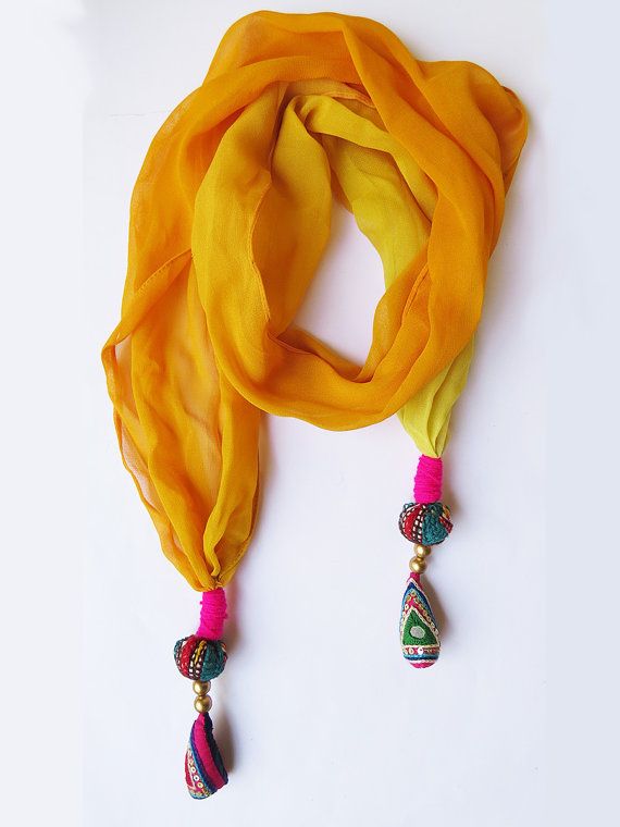 Handmade embroidered unique Tassel yellow Scarf by iThinkFashion .
