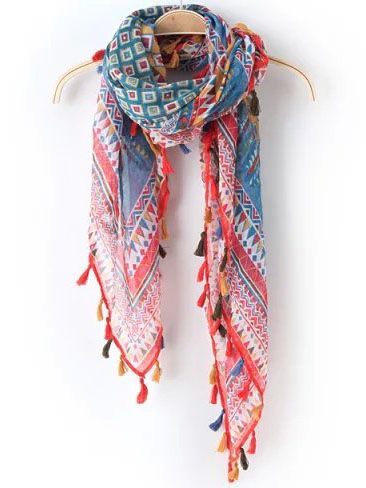 Multicolor Vintage Geometric Print Tassel Scarve | Scarf design .