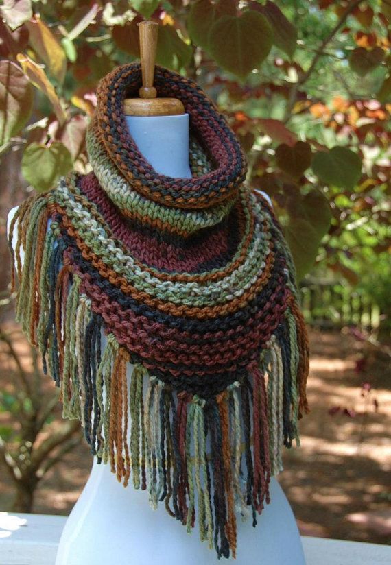 Chunky Scarf Knit Triangle Scarf Cowl With Fringe in Woodland .