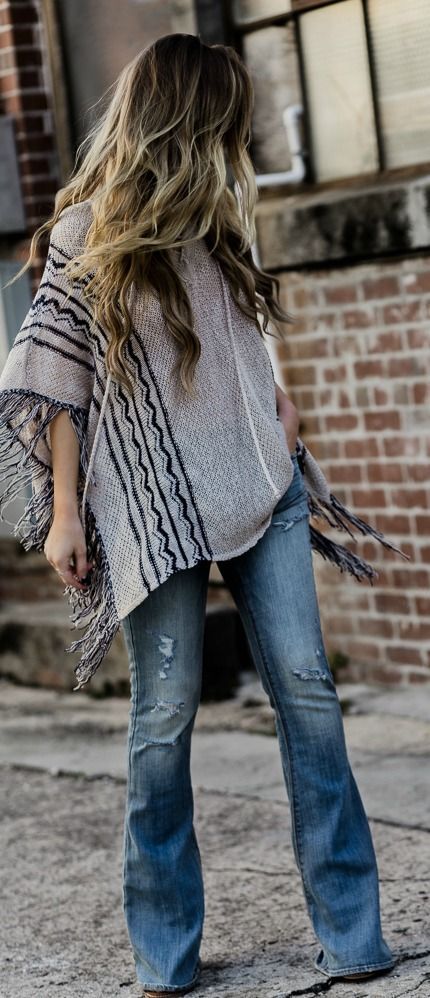 How to style flared jeans with fringe poncho for a casual boho .