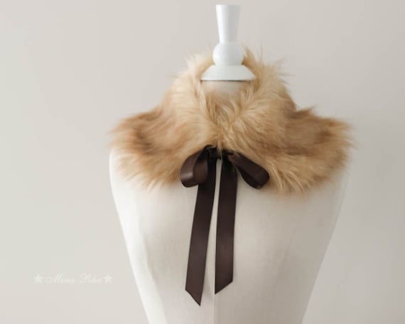 Fur Collar Camel Color Faux Fur Brown Satin Ribbon Neckwarmer .