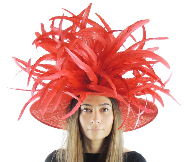 Red Large Feather Kentucky Derby Hat for Ascot Wedding Guest .