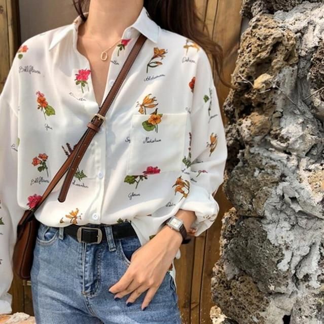 Loose Retro Style Early Flower Print Shirt Women's Shirts Clothes .