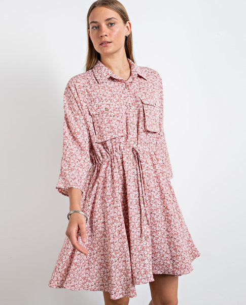 Easel ED21903 Floral Button Down Shirt Dress | Drawstring Waist Dre