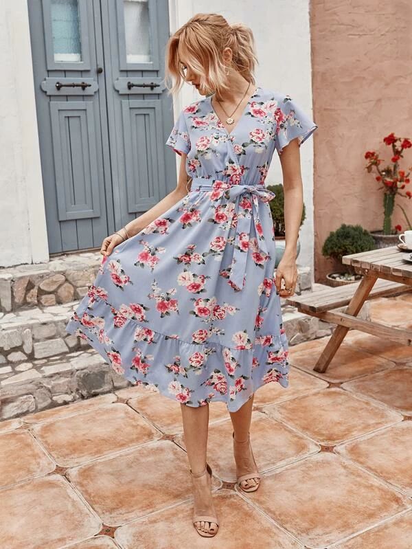 Allover Floral Belted A-line Dress | Floral dress outfits, Date .