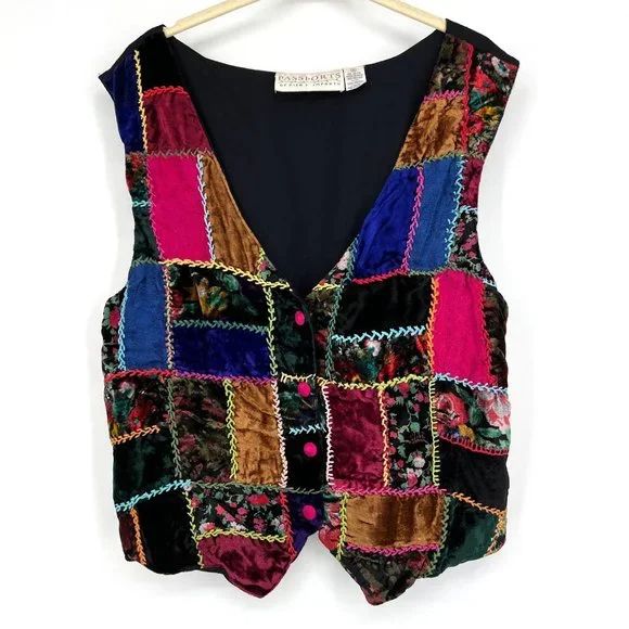 Vintage Passports Velvet Patchwork Colorful Vest Floral 90s Y2K .