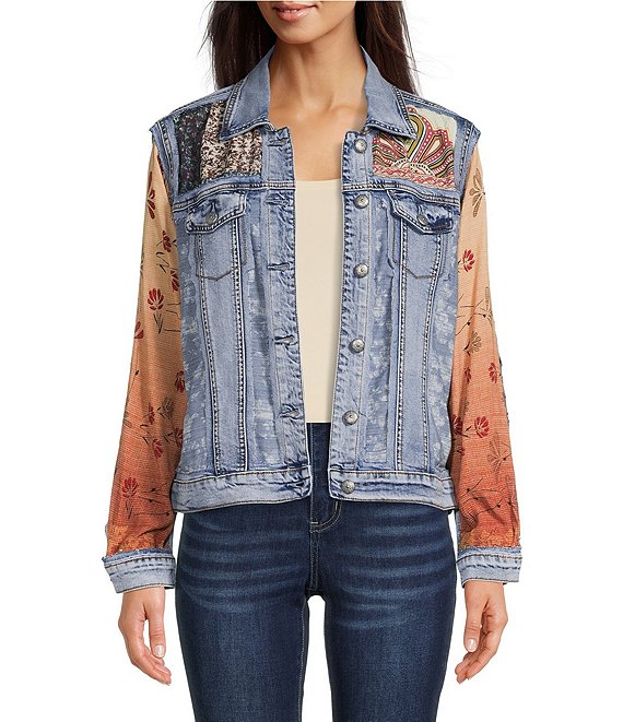 John Mark Mixed Media Point Collar Long Sleeve Patchwork Denim .