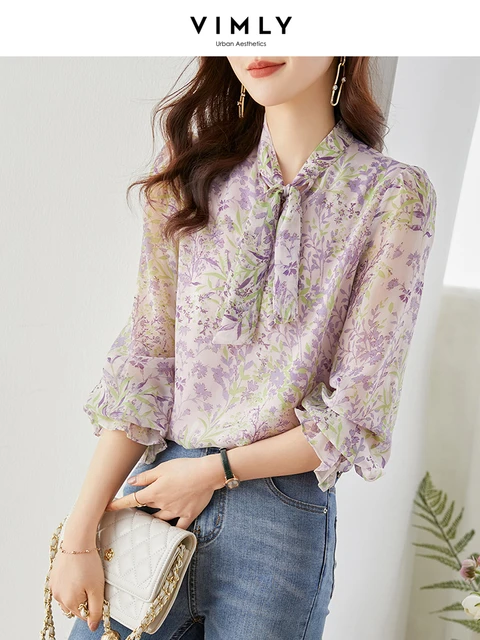 Vimly Bow Lace-up Chiffon Blouse For Women 2023 French Elegant .