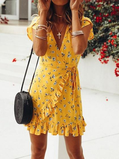 Shop Yellow Cotton Blend V-neck Floral Print Chic Women Mini Dress .