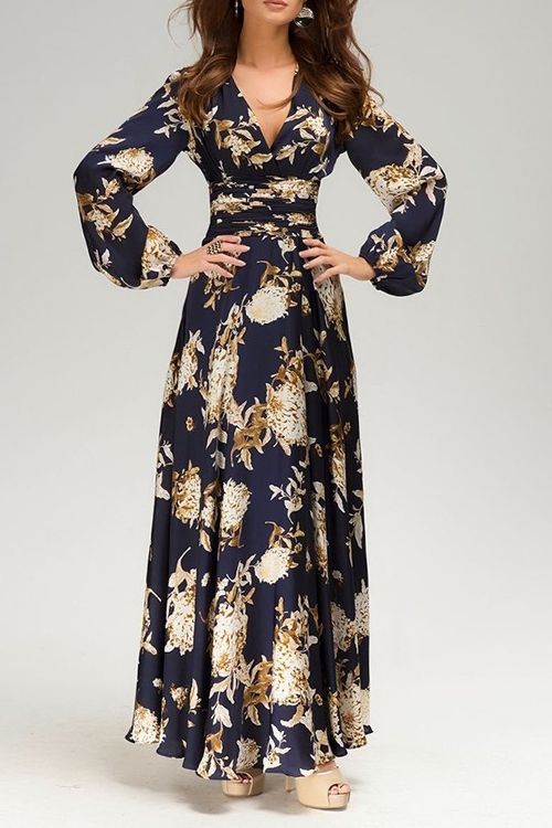 V Neck Floral Print Long Sleeve Maxi Dress | Maxi dress, Long .