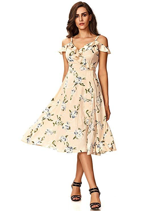 Noctflos Women's Summer Floral Cold Shoulder Midi Dress for Casual .